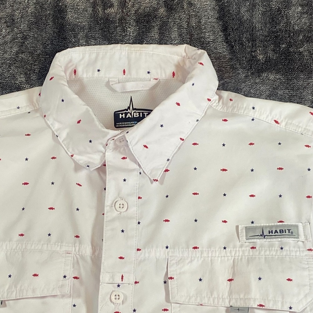 Habit Mens Shirt Large Vented Fishing Solar Factor 40+ White Red Blue‎ Short